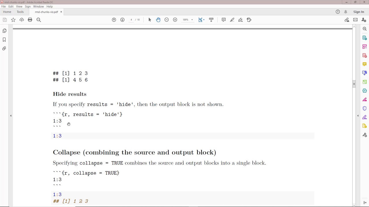 Visual output of code chuck options in R Markdown