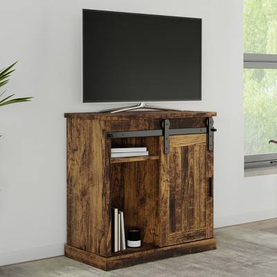 Lavish Home 34-Inch Tall Tv Stand With Media Console Shelves And Sliding  Barn Style Door, Brown Woodgrain : Target