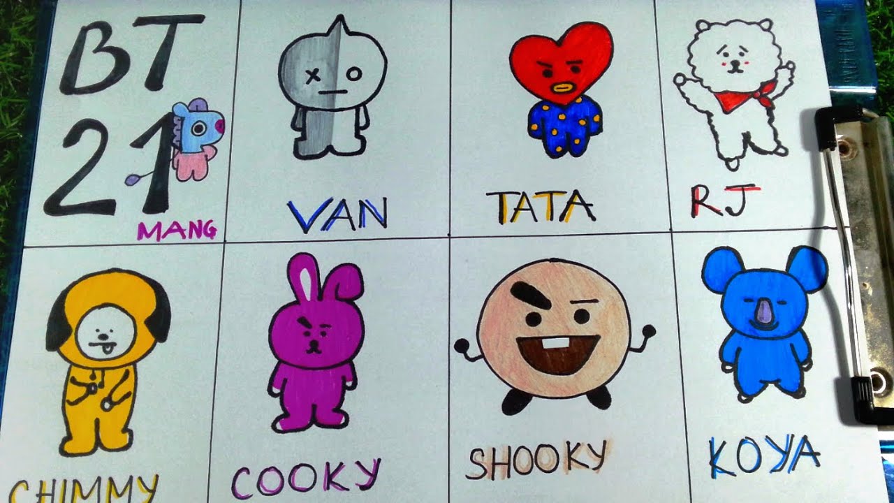 Vẽ Bts - Bt21 / How To Draw Bt21 Cute: Van - Tata - Mang - Cooky - Shooky -  Rj - Koja - Chimmy - Youtube